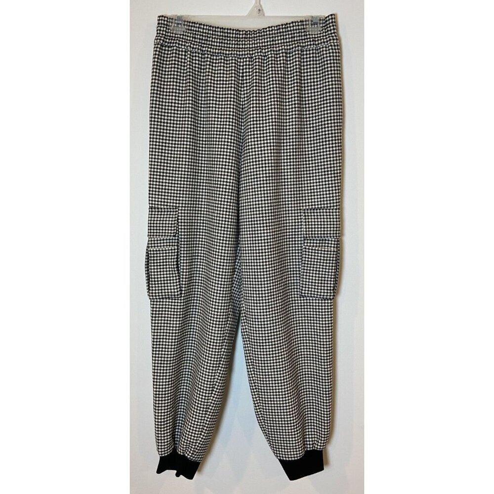 Alice + Olivia Cargo Jogger Pants Black White Houndstooth Wool Blend Small S